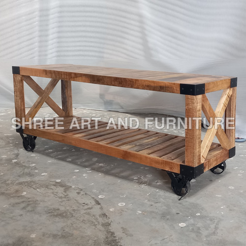 Mango Wood With Iron Caster Wheels Tvc Industrial Furniture-Trolly Table