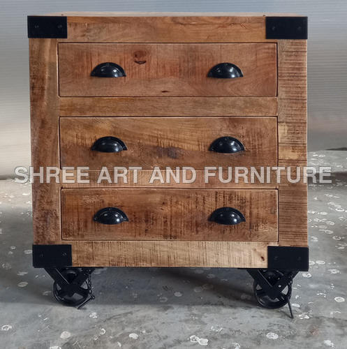 mango wood with iron caster wheels chest drawers with 6 drawers