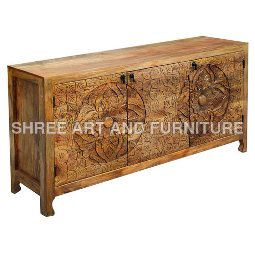 Mango Wood Carving 3 Door Sideboard Cabinet - Feature: Durable