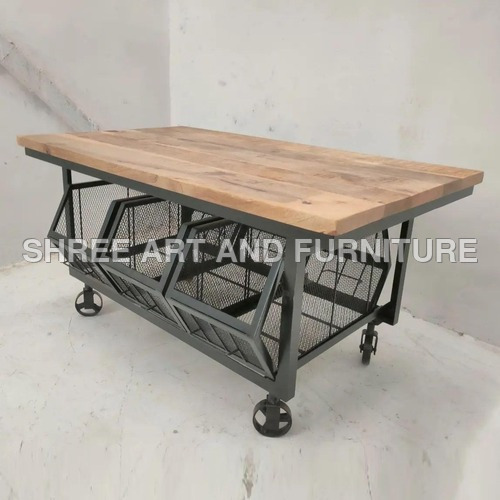 antique INDUSTRIAL and VINTAGE IRON and MANGO WOODEN COFFEE TABLE WITH WHEELS