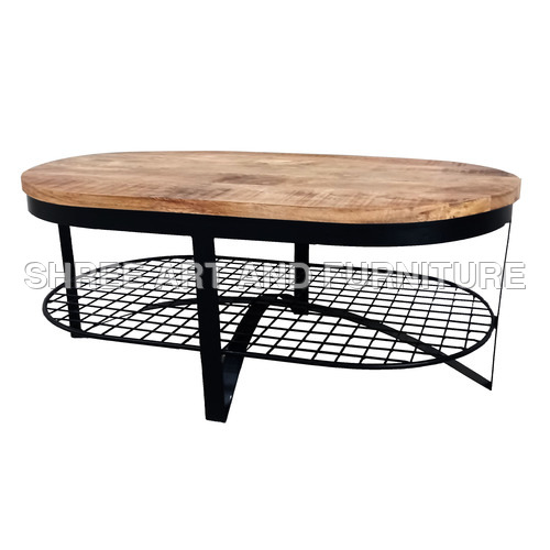 mango wood capsule ovel top industrial coffee table
