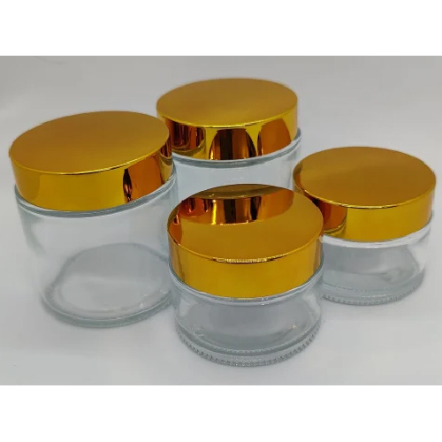 Cosmetic Glass Jar - Glass Material 50ml Capacity Clear Color Golden Cap | Rigid Hardness Various Sizes Available
