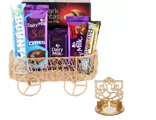 Metal Wire Basket Loaded With Chocolates Gift  Shadow Ganesh Diya Plastic Gift Box