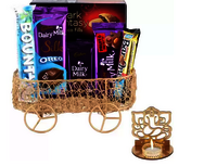 Metal Wire Basket Loaded With Chocolates Gift  Shadow Ganesh Diya Plastic Gift Box
