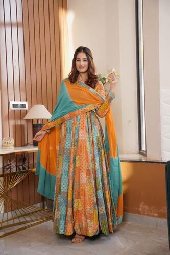 Women Digital Print With Four Side lace broder Gown...