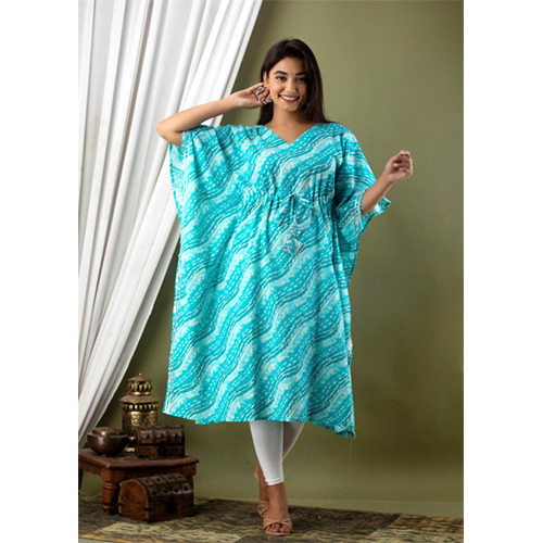 Aqua Blue Cotton Kaftan - Cotton Material, Customized Size | All Season Printed Design for Effortless Style and Comfort