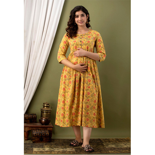 Yellow Maternity Gown - Printed Cotton, Customized Size | Washable Design For All Season Comfort
