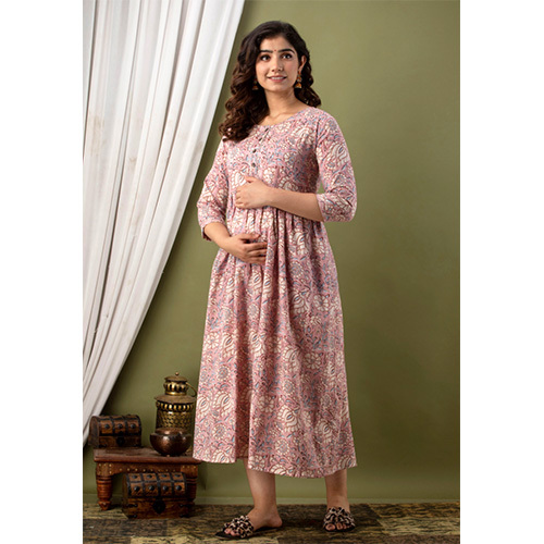 Pink Maternity Gown With Both Side Zipper - Cotton Material, Customized Size, Printed Pattern, All-Season Wear | Washable Convenience