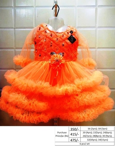 Girls Fancy Party Cloth - Cotton Frock for Girls (1-3 Years) Orange Full Sleeves Embroidered Design Washable Material