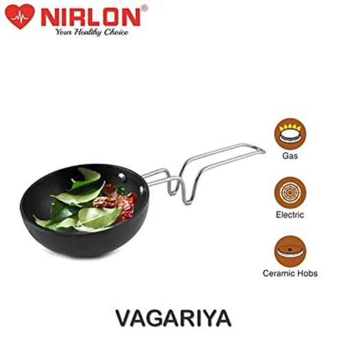 NIRLON Hard Anodised Tadka Pan / Vagariya with Handle/ Gas Stove Top Compatible