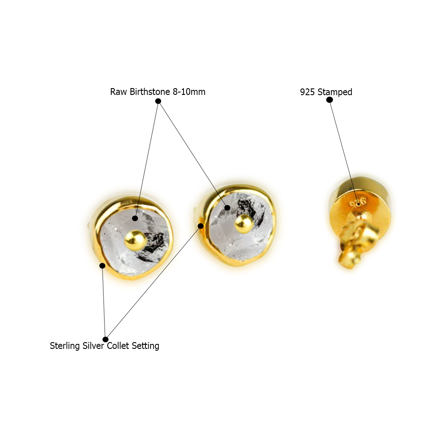 Natural Raw Birthstone Size 8-10mm Gold Vermeil 925 Sterling Silver Bezel Set Stud Earring