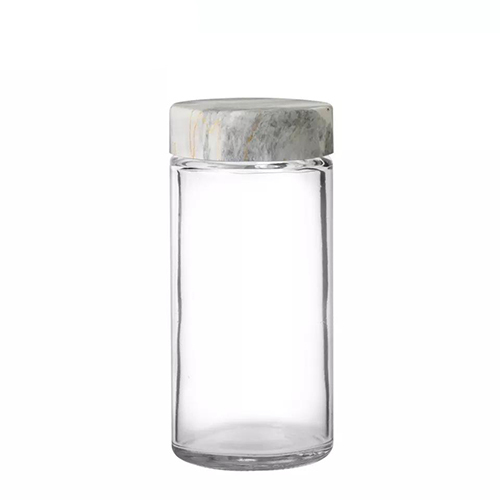 Transparent Holar Clear Round Glass Seasoning Jars With White Marble Plastic Caps