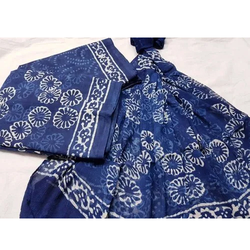 Hand Block Print Cotton Suit Material - Cotton & Silk Blend, 58-60mm Width, Blue and White Printed Design