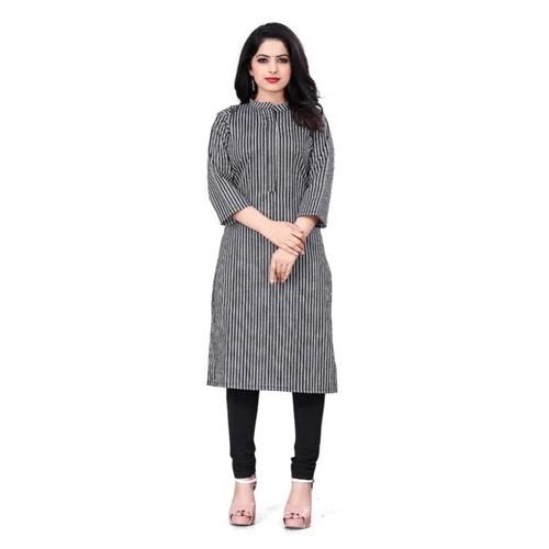 Ladies Black Striped Printed Cotton Kurti - Rayon Material Customized Size Daily Wear | Washable Design Elegant Printed Pattern