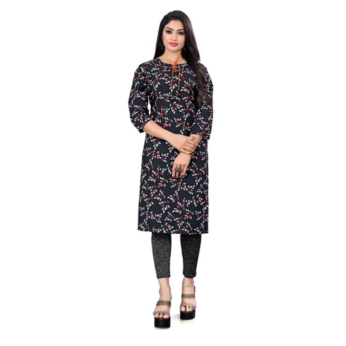 Washable Ladies Black Printed Rayon Kurti