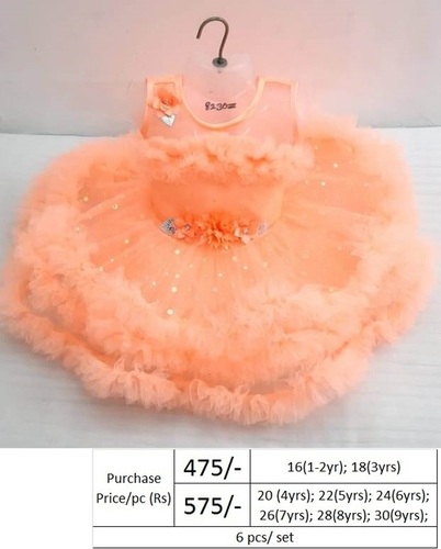 Party Dress - Cotton Orange Fancy Frock Set for Baby Girls, 1-9 Years, Size L, M, S, XL, Sleeveless Design, Embroidered Decoration, Washable