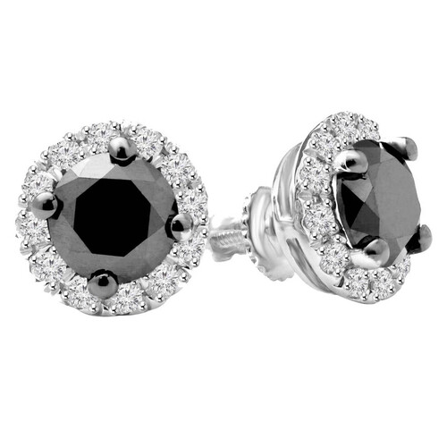 Black Diamond Halo Earrings In Black And Lab Grown Diamonds 10k White Gold 1.5 CT