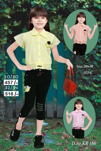 Fancy Pant Top - Cotton, Sizes L, M, S, Xl, Green Color, Short Sleeves, Printed Pattern, Washable Material | Designed For Girls Ages 4-10