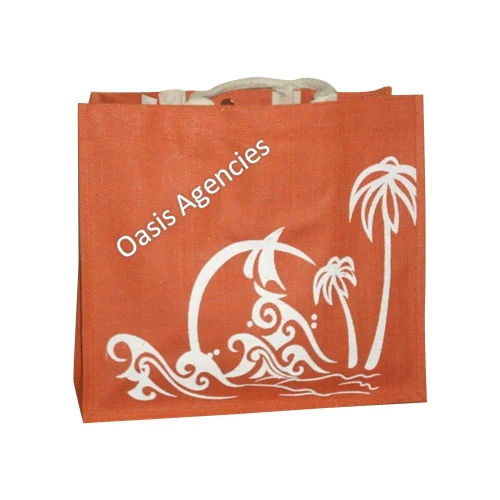 Orange Palm Tree Print Jute Beach Bag