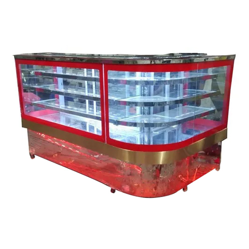 L Shape Glass Cake Display Counter - Glass and Stainless Steel, Polished Finish for Elegant Dessert Presentation