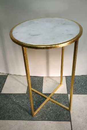 Iron Gold Finish Side Table With Marble Top