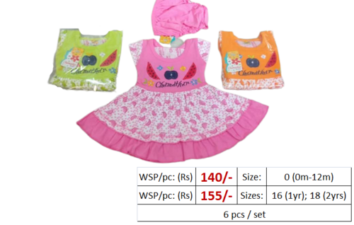 Frock for Baby - 6pcs Cotton Frock with Pant Set Age 0-2 Years Printed Ethnic Style Pink Color Size L/M/S/XL Sleeveless Washable Summer Wear