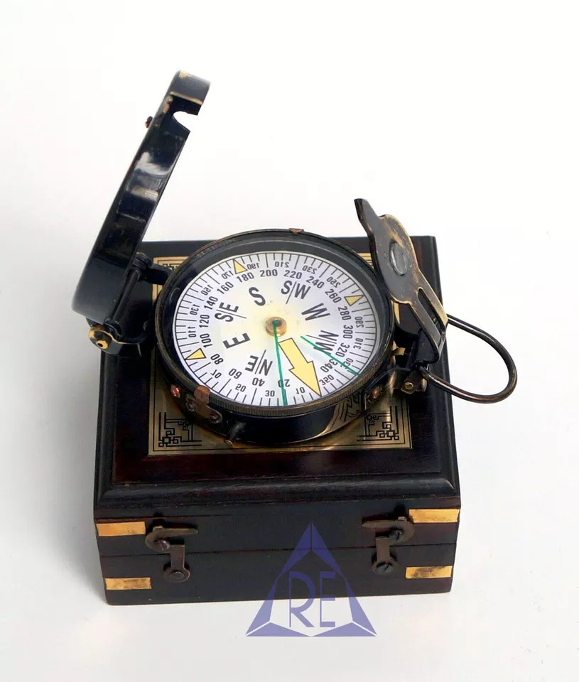 Antique Brass Prismatic Map Compass Lensatic Compass With Wood Box Handmade Gift engineering compass