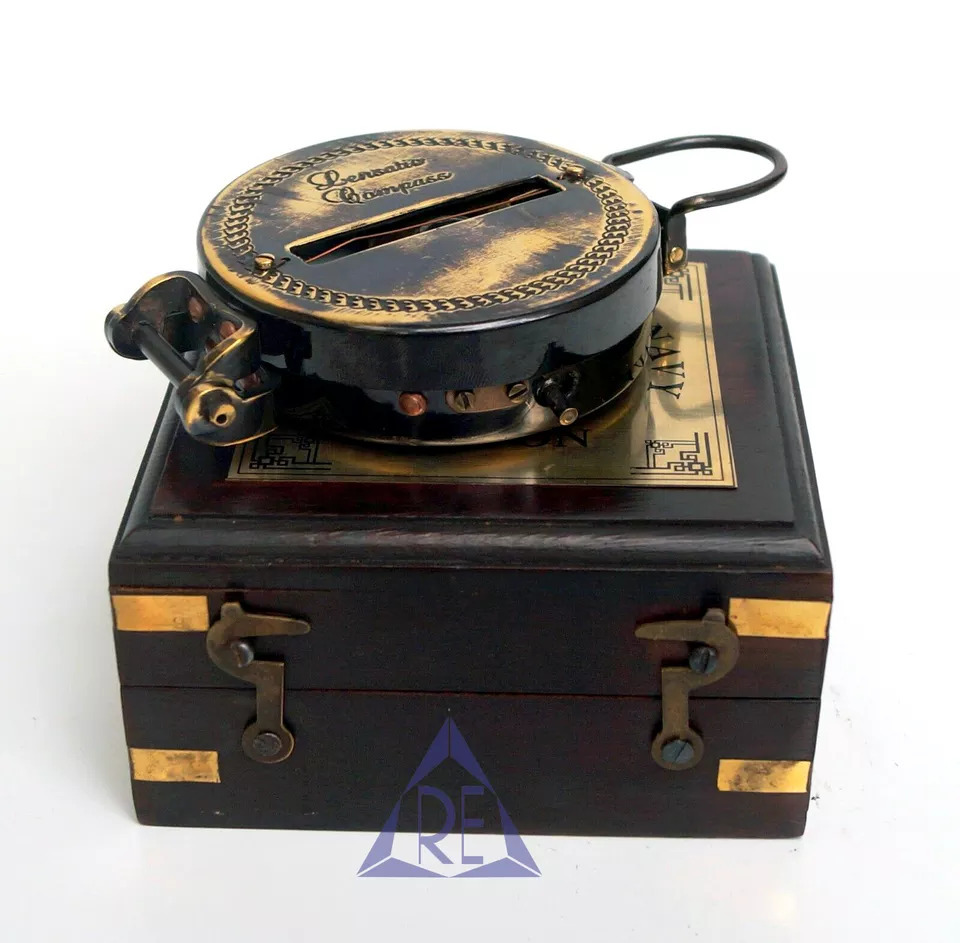 Antique Brass Prismatic Map Compass Lensatic Compass With Wood Box Handmade Gift engineering compass