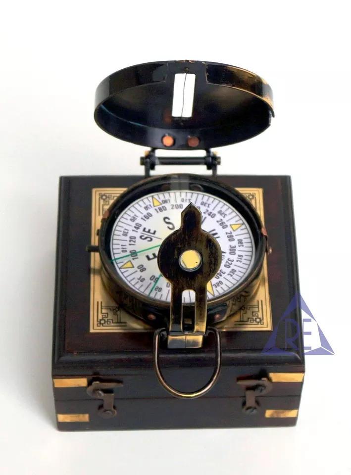 Antique Brass Prismatic Map Compass Lensatic Compass With Wood Box Handmade Gift engineering compass