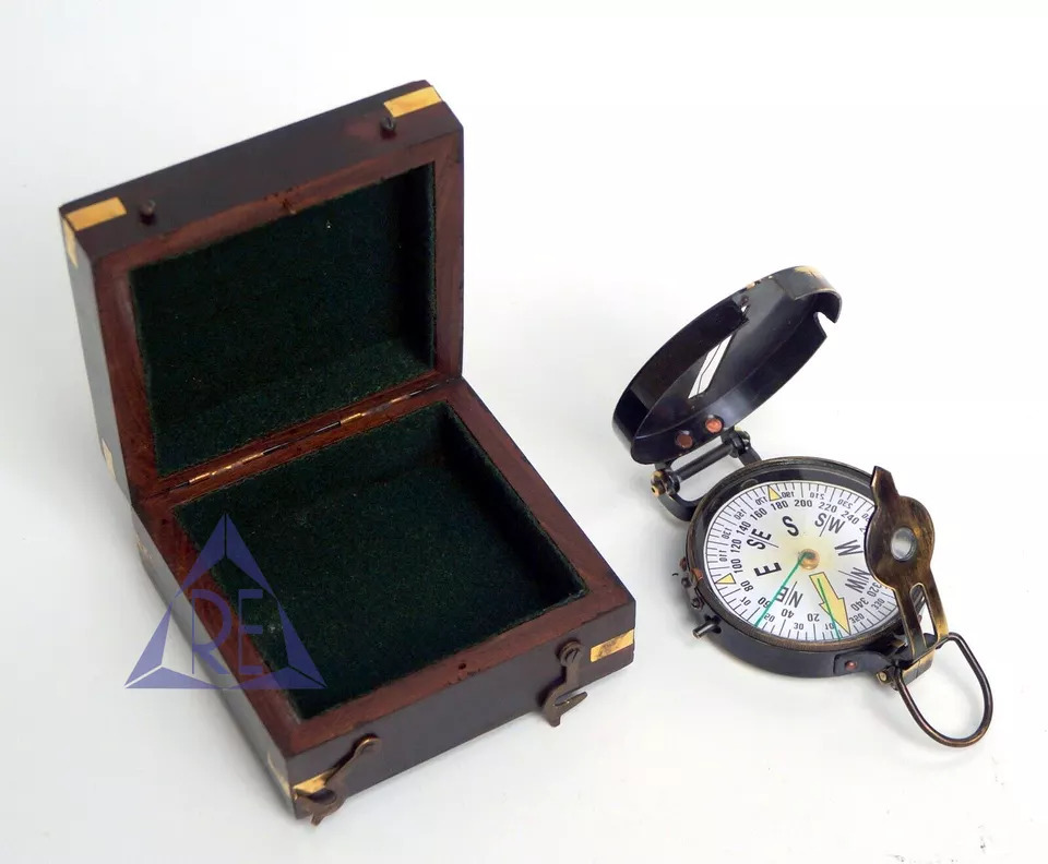 Antique Brass Prismatic Map Compass Lensatic Compass With Wood Box Handmade Gift engineering compass