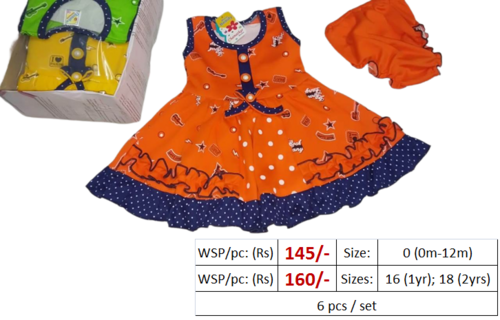 Infant Dress - Cotton, Sizes [S, M, L, XL], Orange, Printed Pattern | Features: Sleeveless, Washable, Ethnic Style for Baby Girls (0-2 Years)