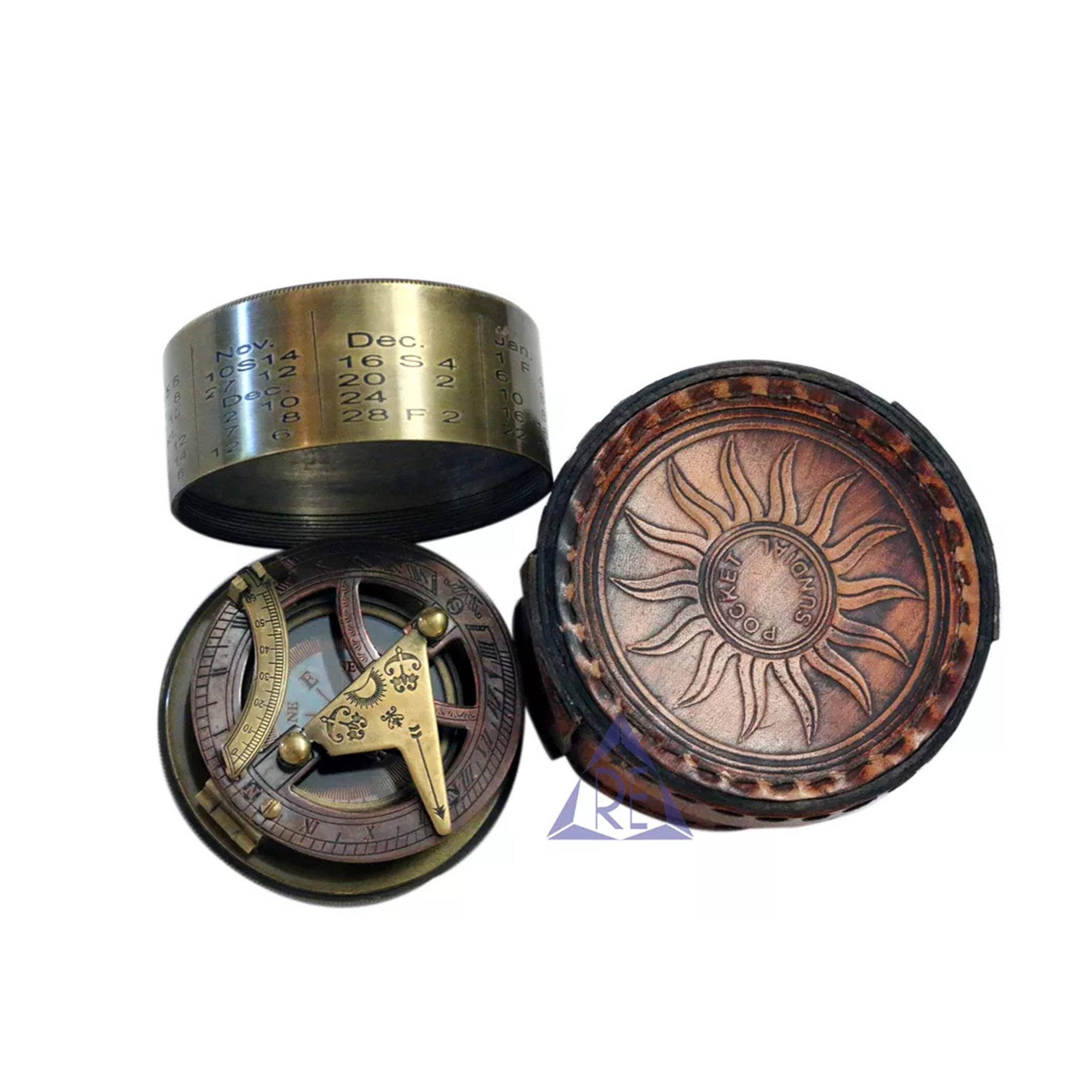 Brass Drum Sundial Calendar Compass Antique Brass Sundial Compass Elliott Bro With Leather Case Camping Hiking Compass