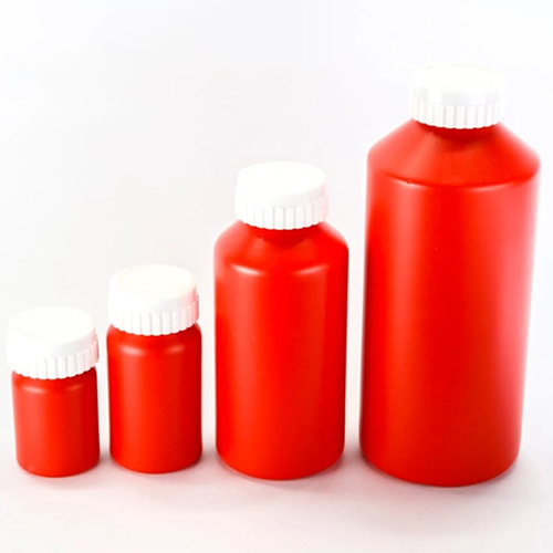 HDPE TF Bottle - 500 ml, Red-White Color, 165.5 mm Height, Round Shape, Screw Cap, Plastic Material for Chemical and Pharmaceutical Use