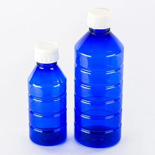 25mm PET Neck Round Bottle - 250ml Size, Blue-White Color, 155mm Height | Plastic Material, Screw Cap Sealing, Ideal for Chemical & Pharmaceutical Use