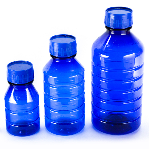 Blue PET Regular Round Bottle - Plastic, 250 ml, 155 mm Height | Suitable for Chemical and Pharmaceutical Use, Screw Cap Sealing