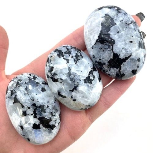 Polished White Rainbow Moonstone Palm Stone