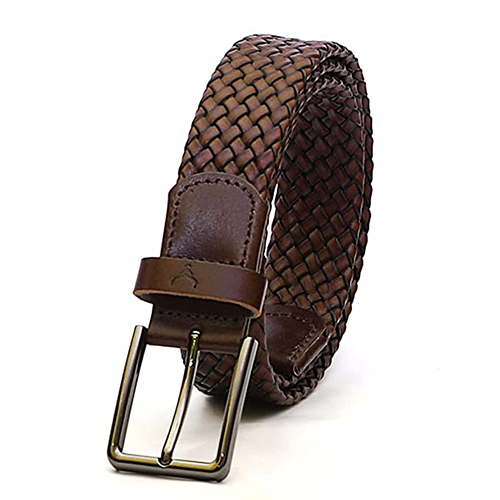 Brown Mens Leather Braided Elastic Belt
