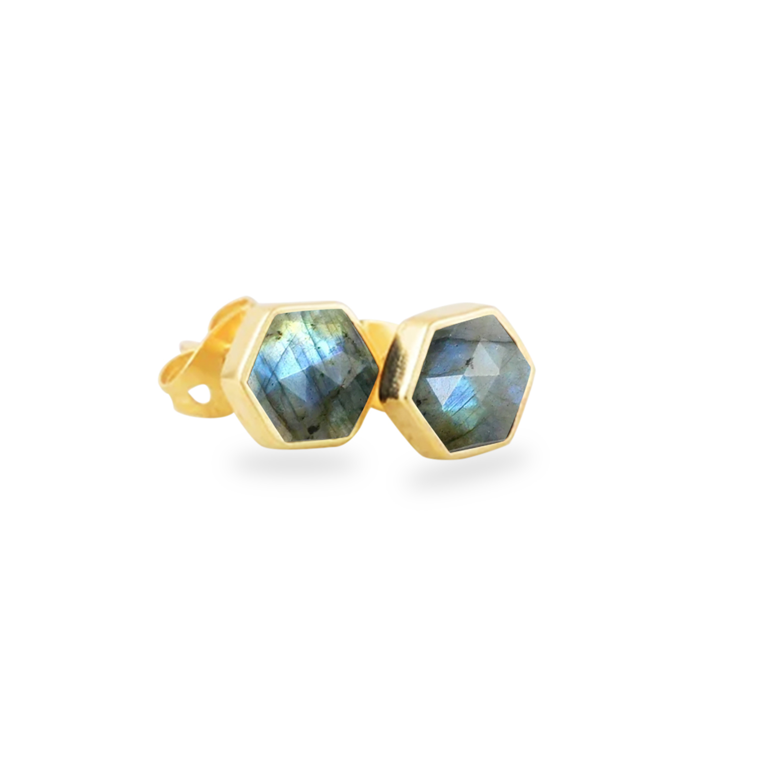 Hexagon Shape Gemstone 925 Sterling Silver Gold Vermeil Stud Earring