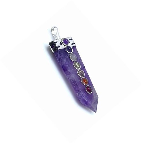 Natural Amethyst Seven Chakra Stones Flat Pendant