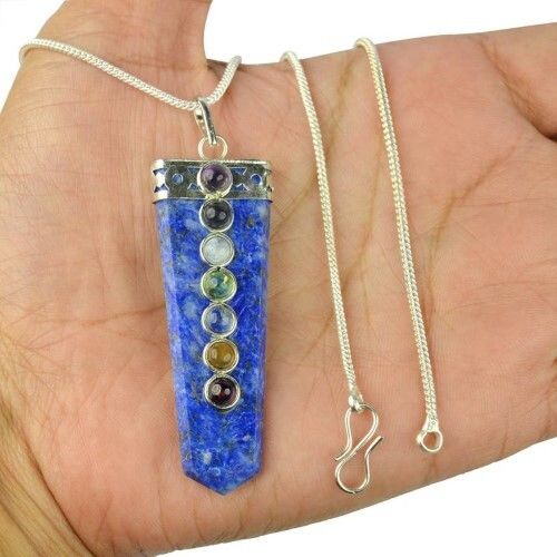 Natural Lapis Lazuli Seven Chakra Gemstone Flat Pendant