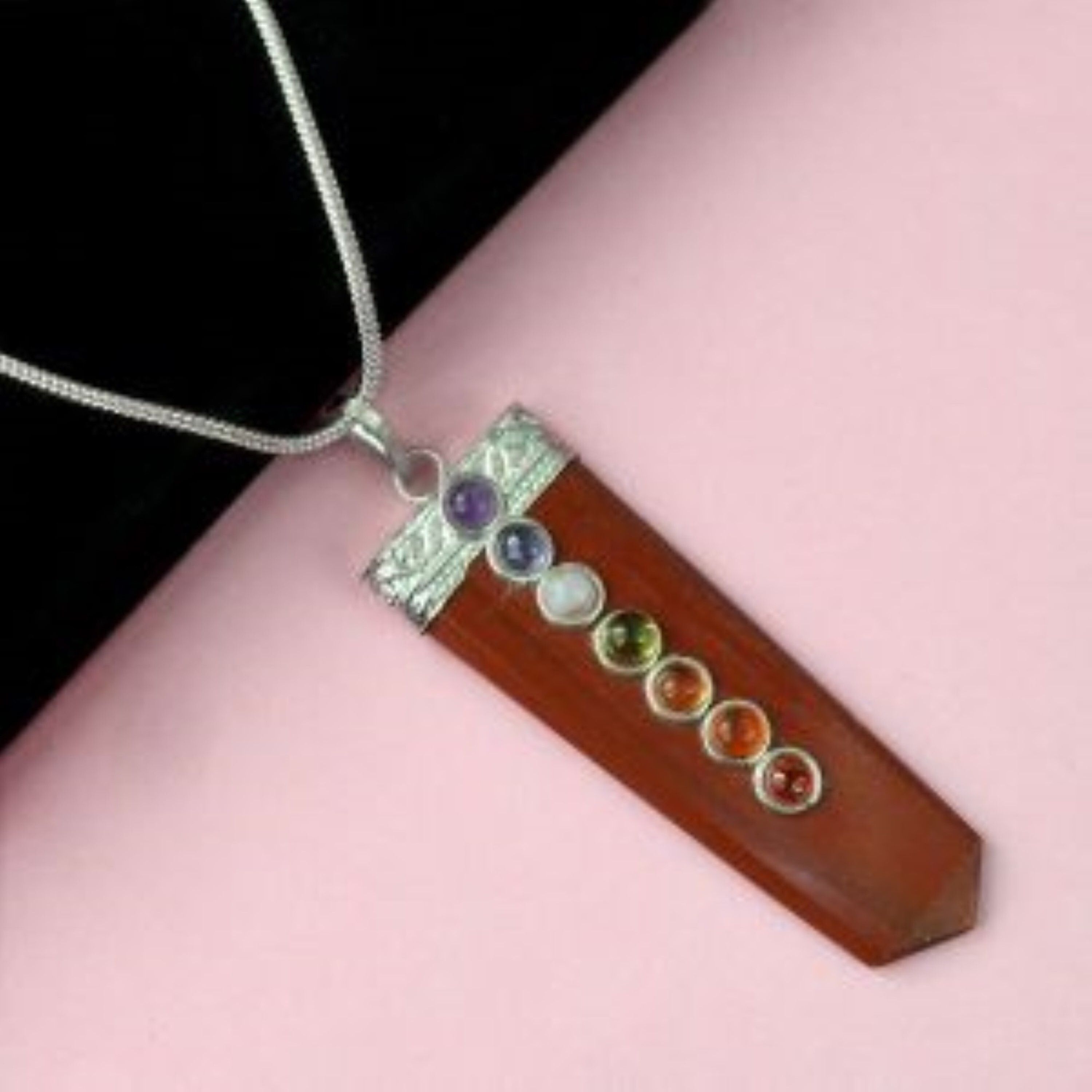 Natural Red Jasper Seven Chakra Gemstone Flat Pendant