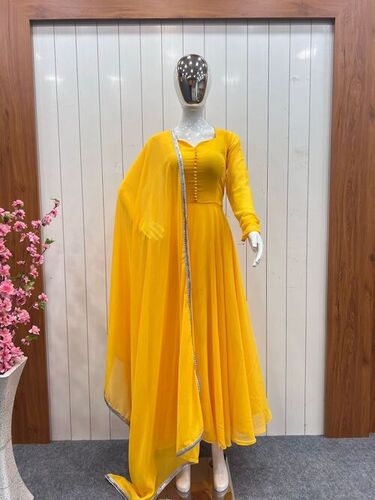 WOMEN NEW YELLOW GEORGETTE GOWN DUPPTA FULL SET WITH PENT READY TO WEAR