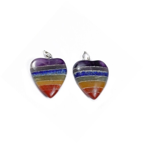 Natural Seven Chakra bonded Puffy Heart Stones Flat Pendant