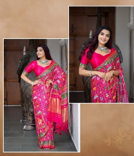 Women pure Gaji Silk material with lagadi patta and Patola print design Saree
