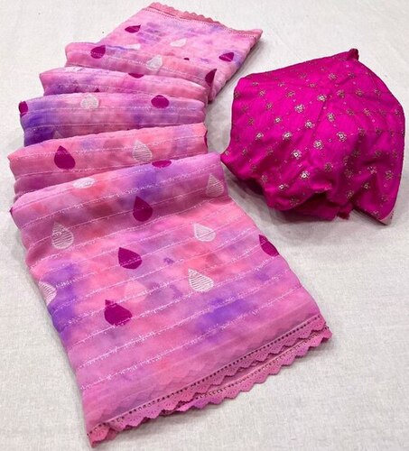 Women Heavy Georgette Fabric Stone CutWork Bordar With Fur Work