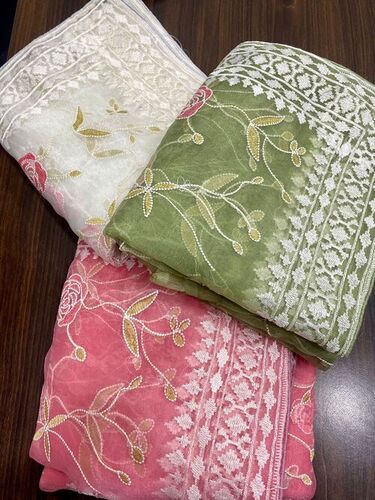 Women Pure organza lucknavi flower embroidery  work designer sarees