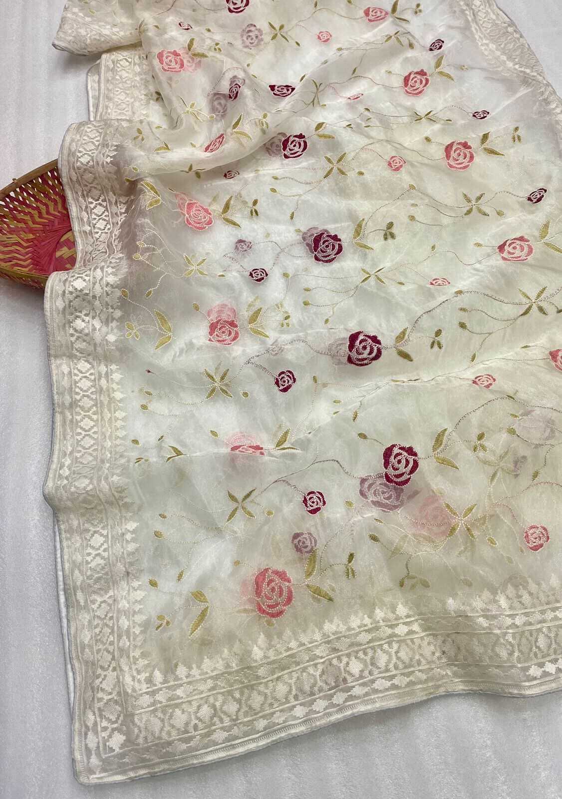 Women Pure organza lucknavi flower embroidery  work designer sarees