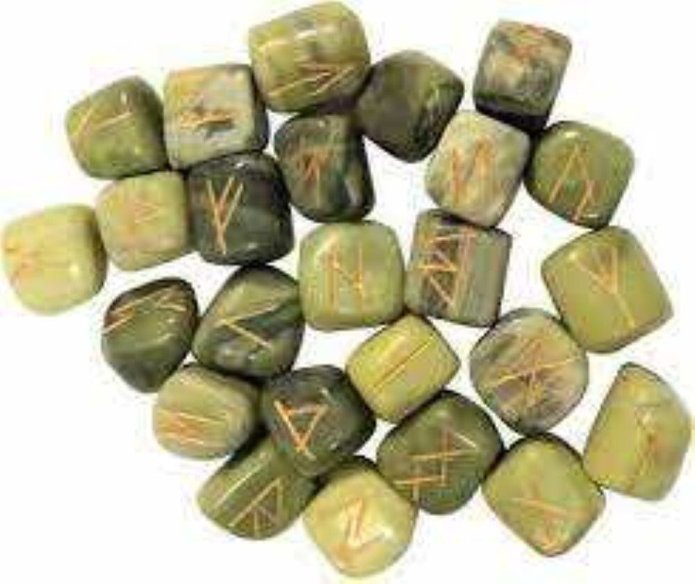 Natural Green Serpentine Stone Rune Set