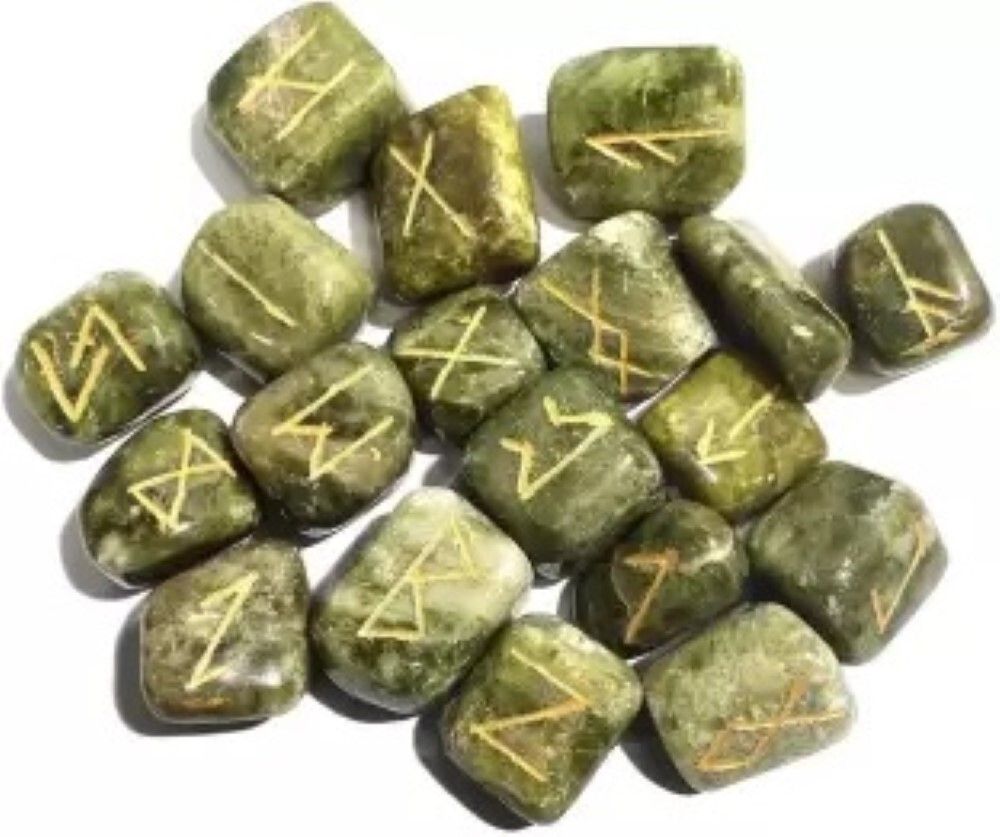 Natural Green Serpentine Stone Rune Set