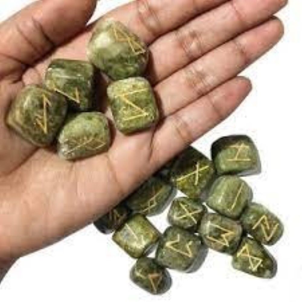 Natural Green Serpentine Stone Rune Set